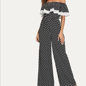 Never worn- Over the shoulder polka dot jumpsuit